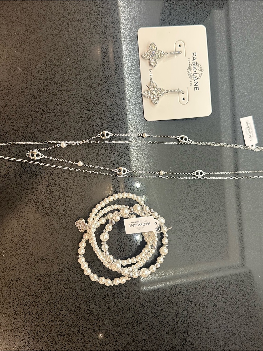 Park Lane Silver-Tone Pearl & Crystal Drop Earrings-NWT Sparkle box